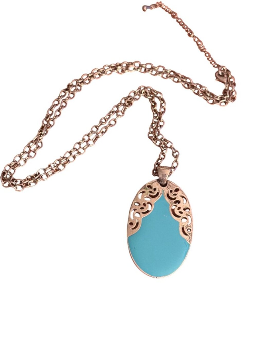 Silver Tone Chain Pendant Necklace Turquoise Enamel Oval Pendant Filigree 33"